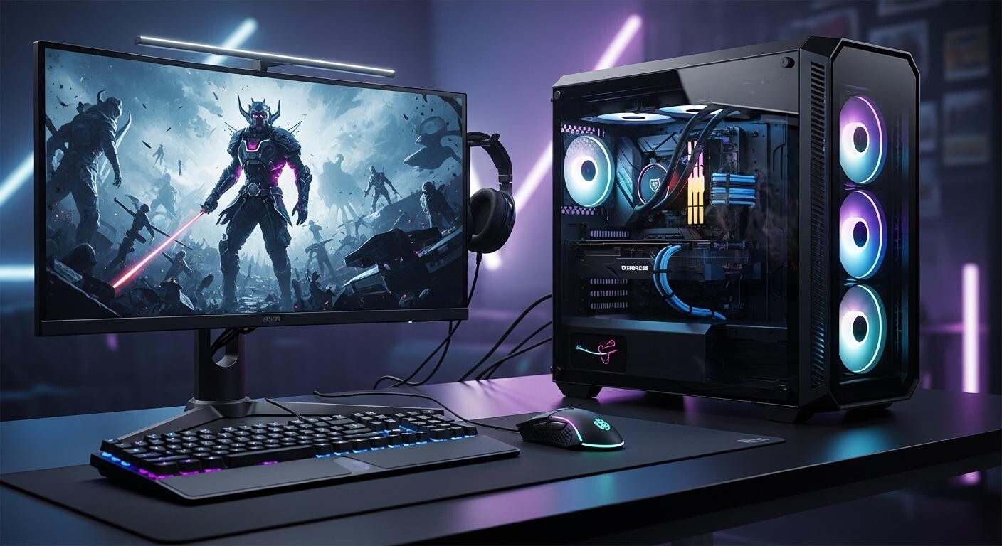 našlapané herní pc s monitorem
